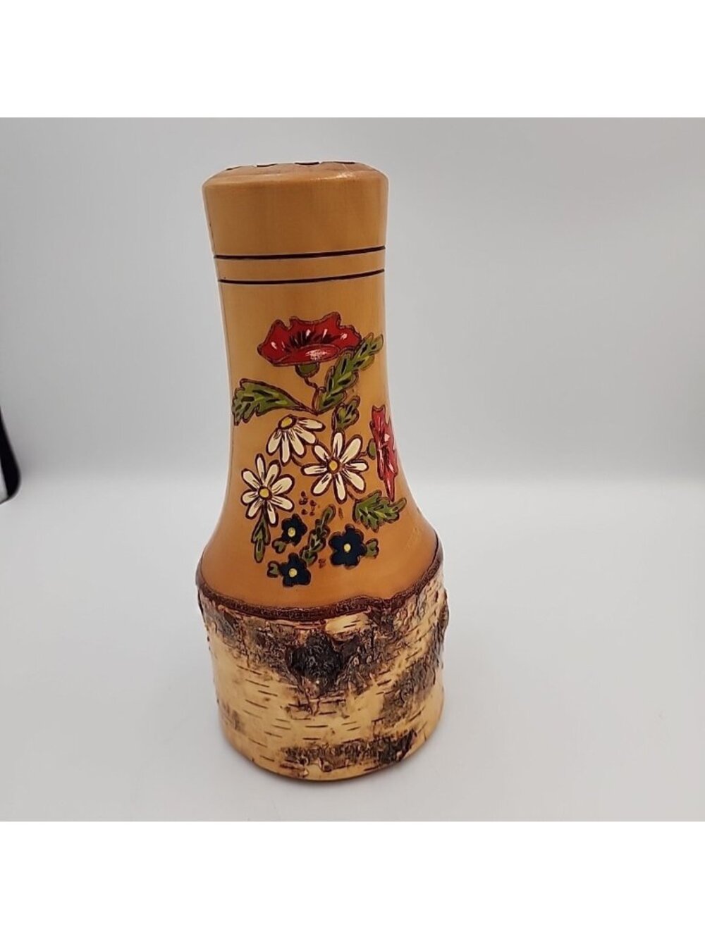 Vintage Wood Vase Decoration Woodburning Hand painted 1970's Switzerland